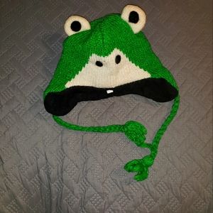Knit green frog hat